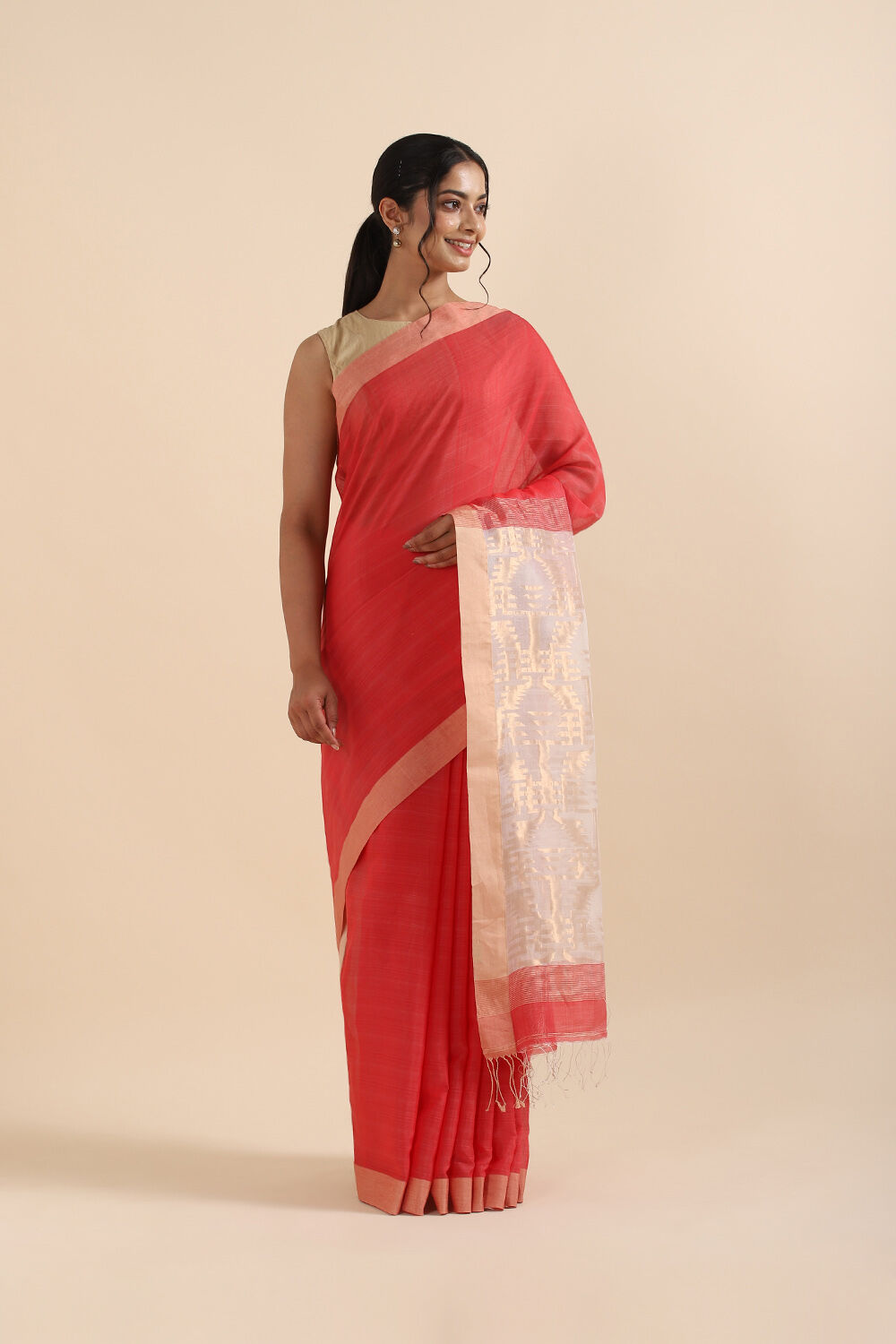 Light Red Pure Silk Cotton Bengal Saree image number null