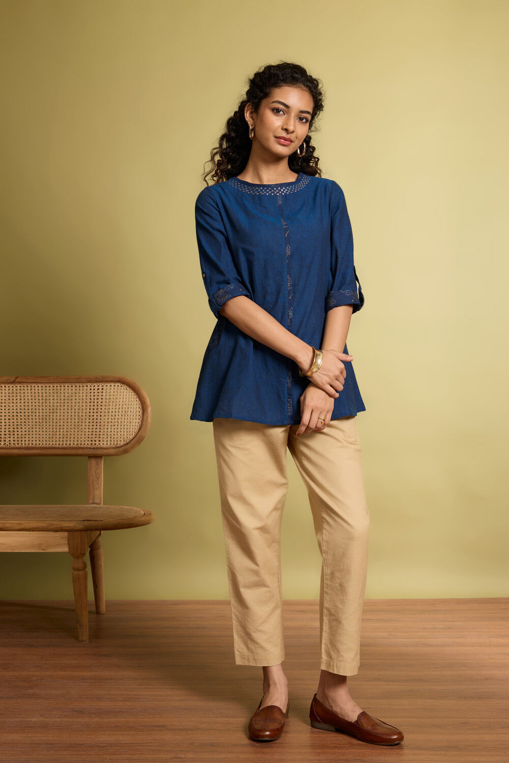 Blue Woven Pure Cotton Short Top image number null