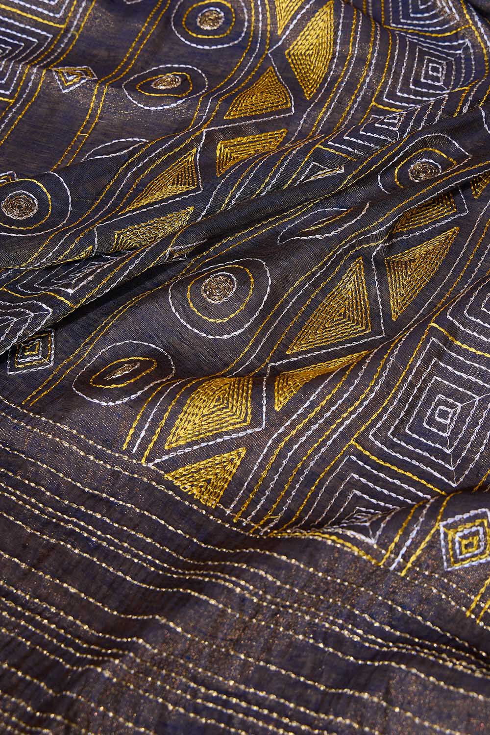 Dark Blue Tissue Linen Embroidered Saree image number null