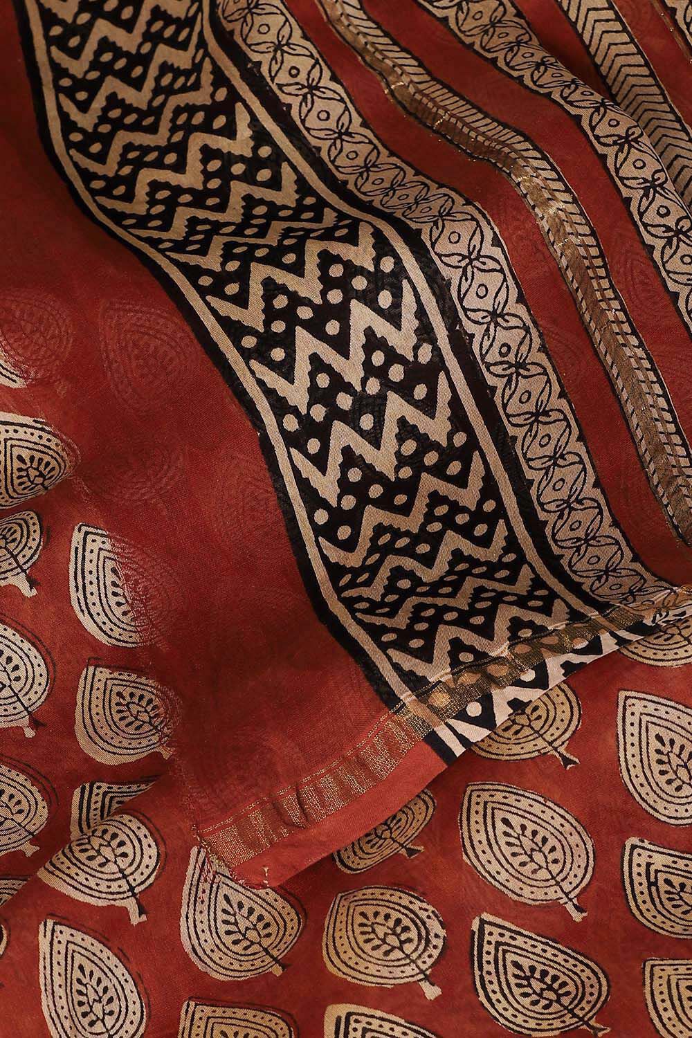 Dark Red Pure Silk Cotton Bagru Printed Saree image number null