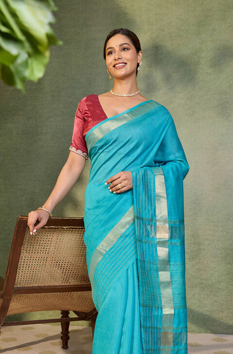 Light Blue Bhagalpur Woven Pure Silk Saree