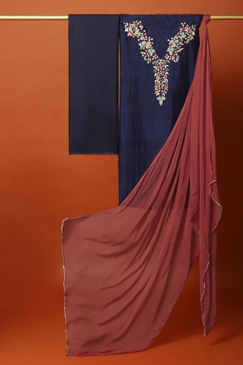Dark Blue Silk Embroidered Unstitched Suit Set image number null