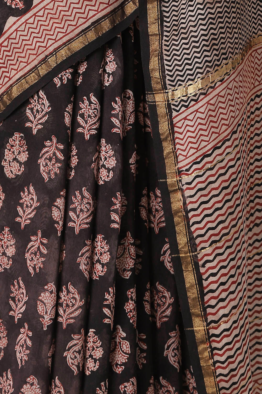 Black Pure Silk Cotton Bagru Printed Saree image number null