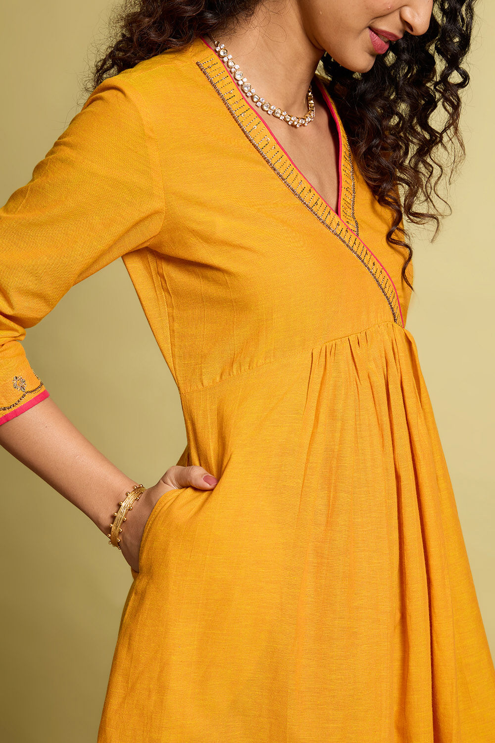 Yellow Embroidered Pure Cotton Kurta image number null