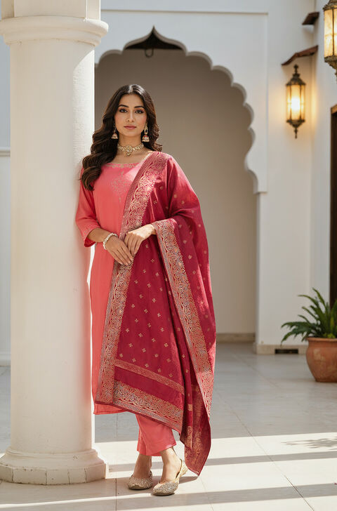 Pink Viscose Embroidered Kurta Set
