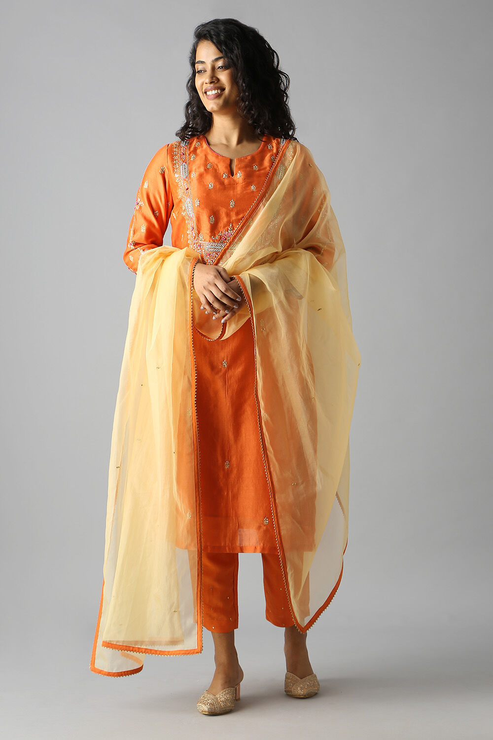 Orange Embroidered Silk Cotton Kurta Set image number null