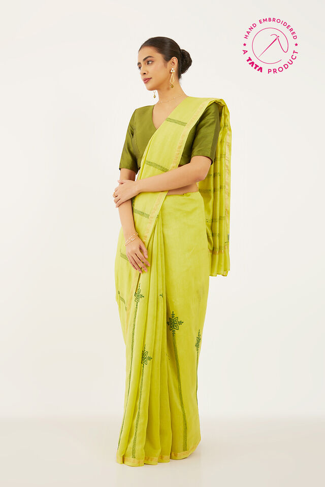 Green Pure Silk Cotton Chikankari Embroidery Saree