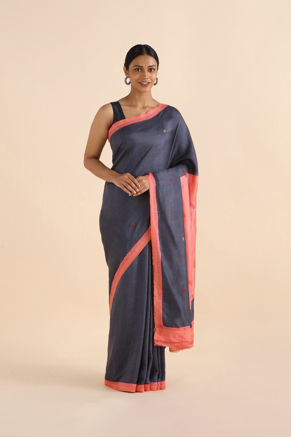 Dark Blue Pure Silk Kantha Saree image number null