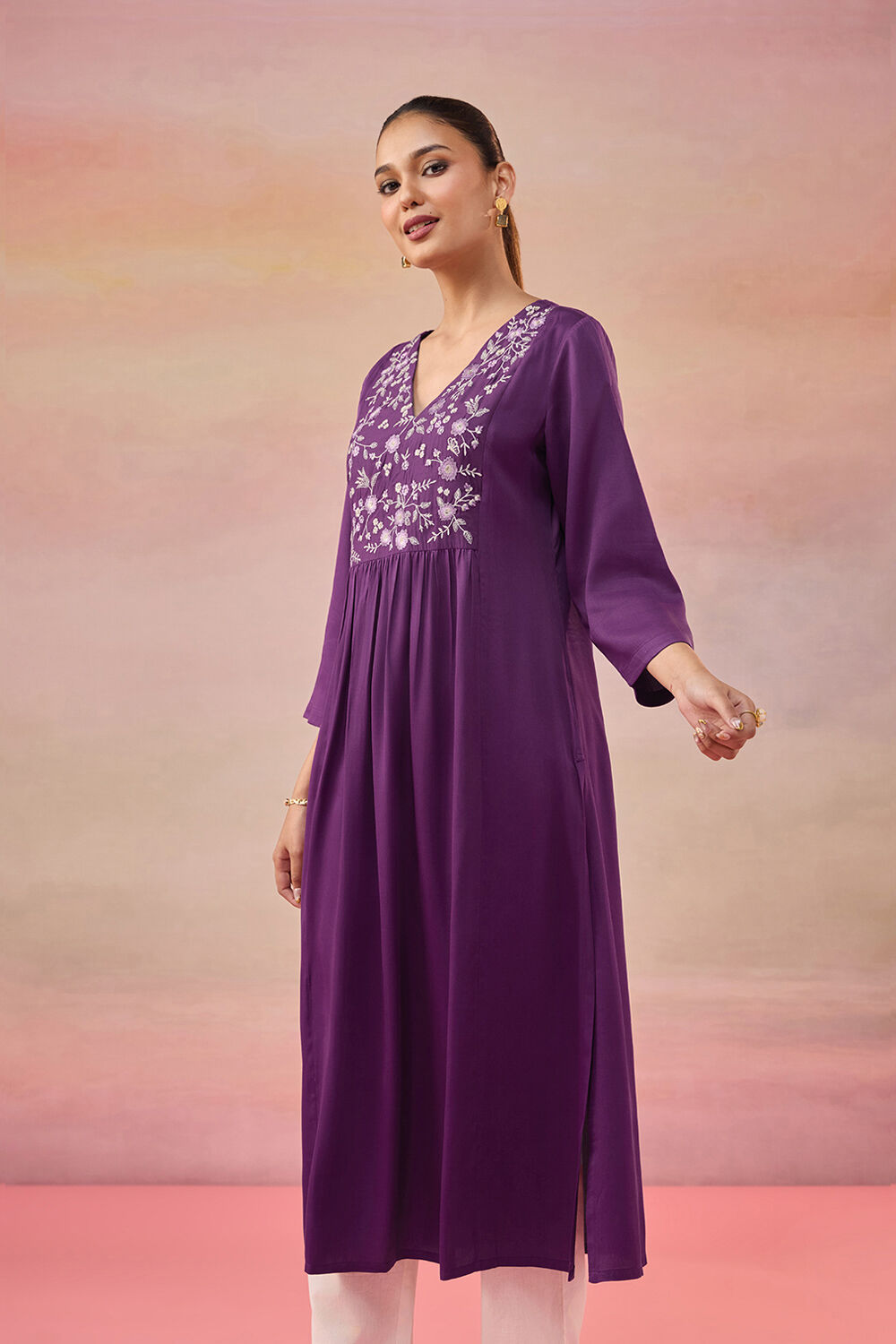 Purple Pure Viscose Embroidered Kurta image number null