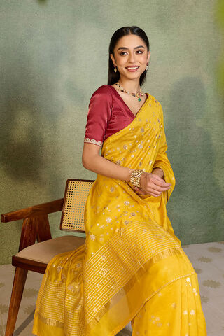 Yellow Pure Silk Cotton Embroidered Saree image number