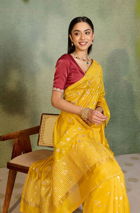 Yellow Pure Silk Cotton Embroidered Saree