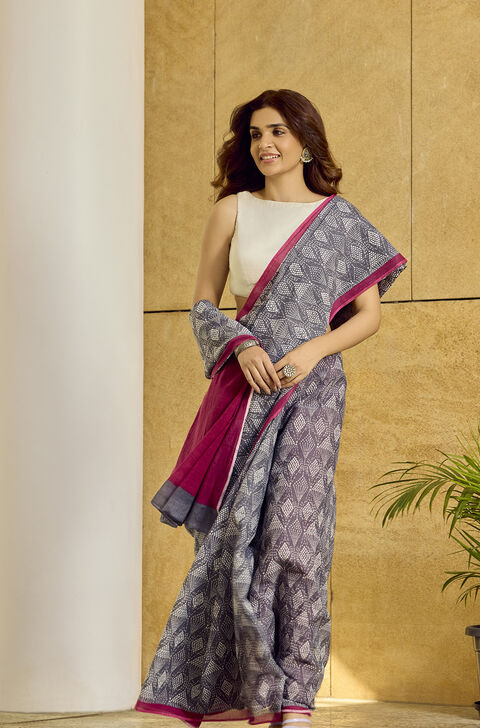 Grey Pure Cotton Mulmul Printed Saree