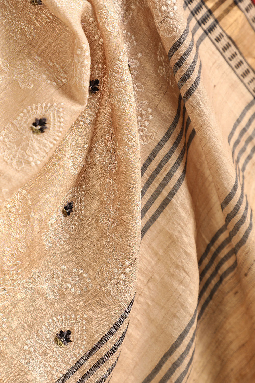 Beige Pure Tussar Silk Embroidery Saree image number null