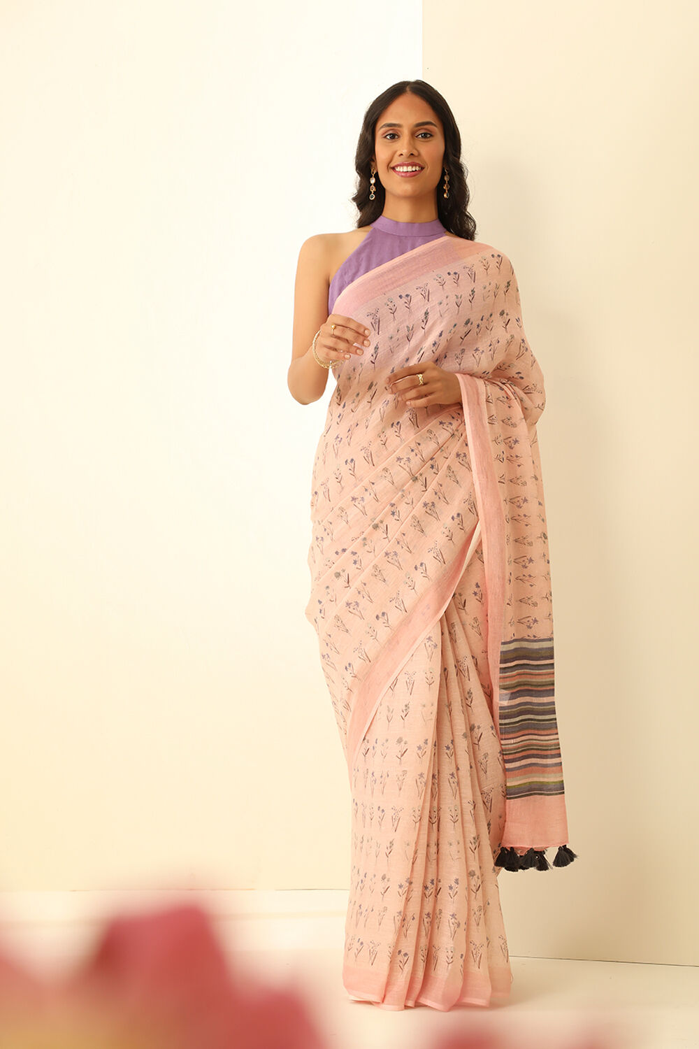 Light Pink Pure Linen Digital Print Saree image number null