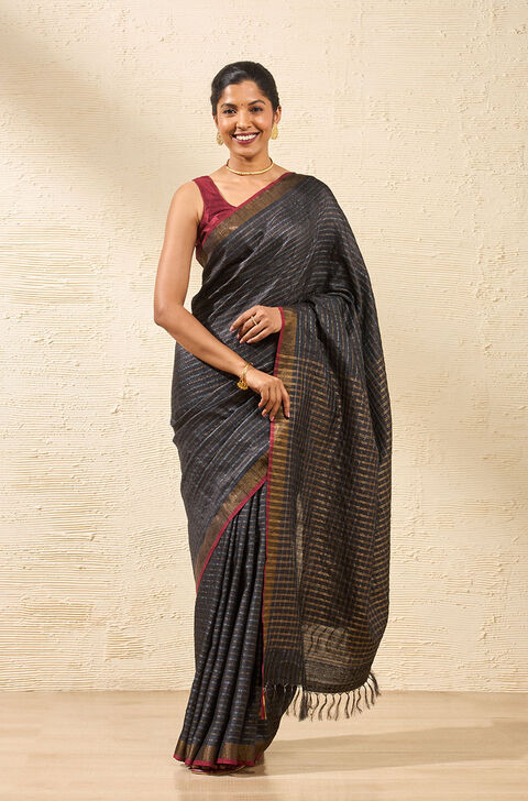 Black Bhagalpur Woven Pure Tussar Silk Saree