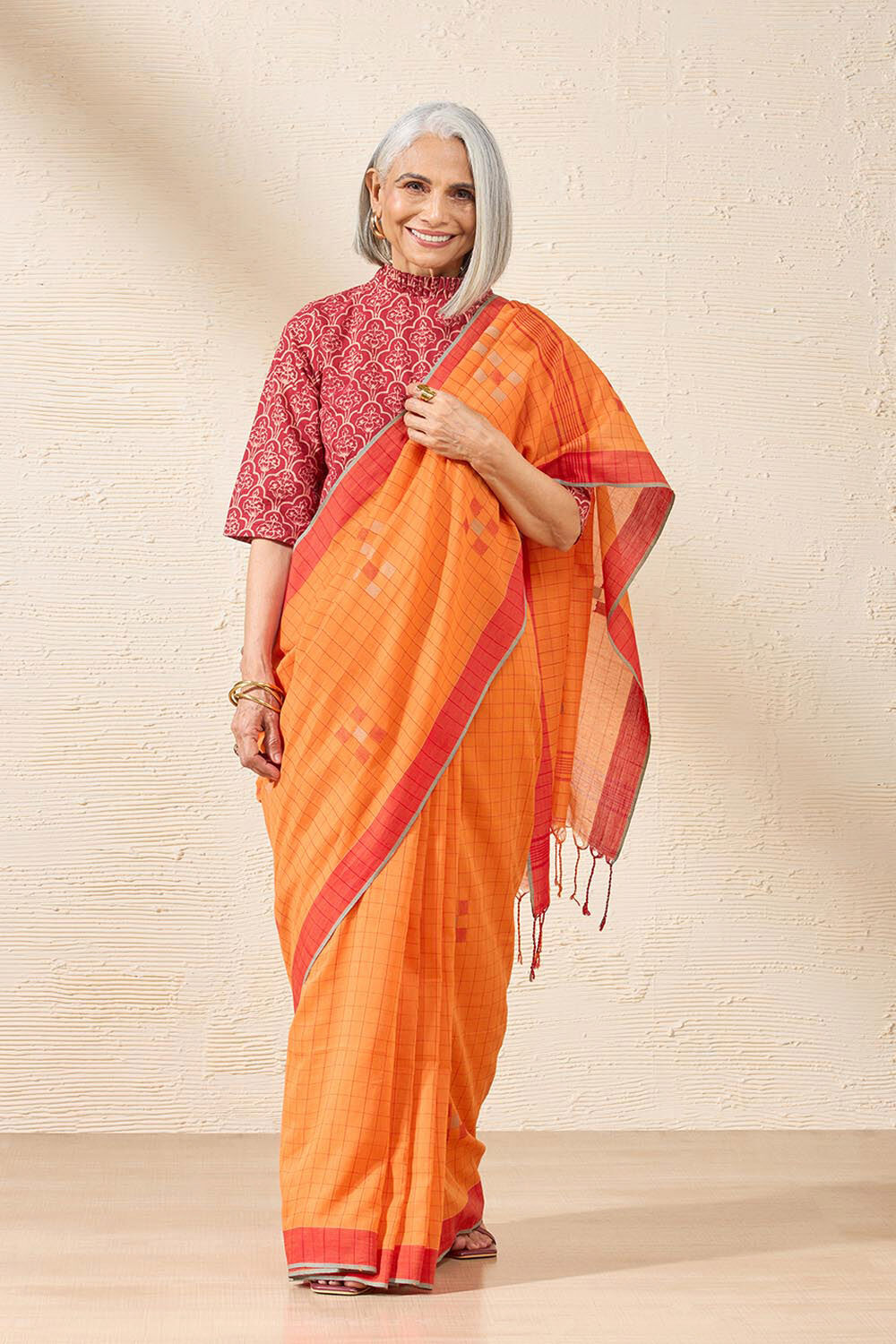 Dark Orange Woven Pure Cotton Bengal Saree image number null