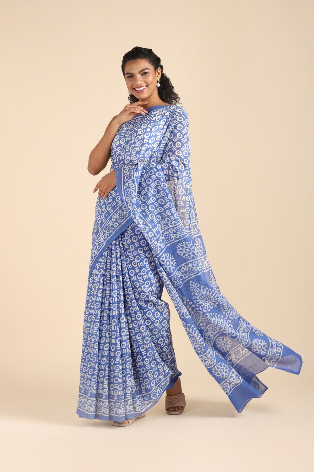 Light Pure Blue Cotton Batik Saree image number null