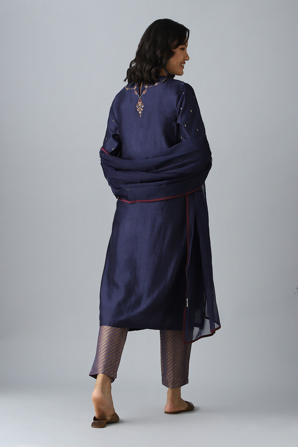 Dark Blue Embroidered Silk Cotton Kurta Set image number null