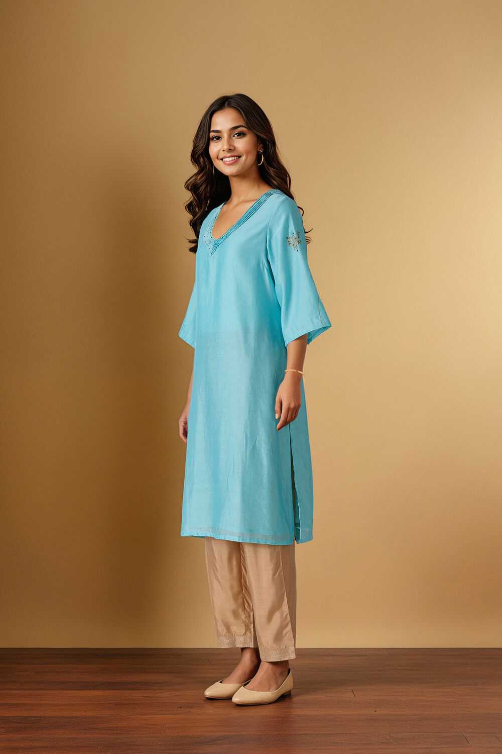 Light Blue Embroidered Pure Silk Cotton Kurta image number null