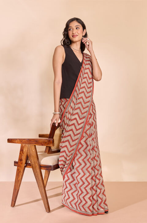Dark Red Rajasthan Block Printed Pure Cotton Saree