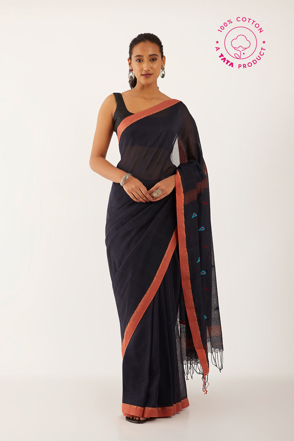 Black Pure Cotton Woven Bengali Saree image number null