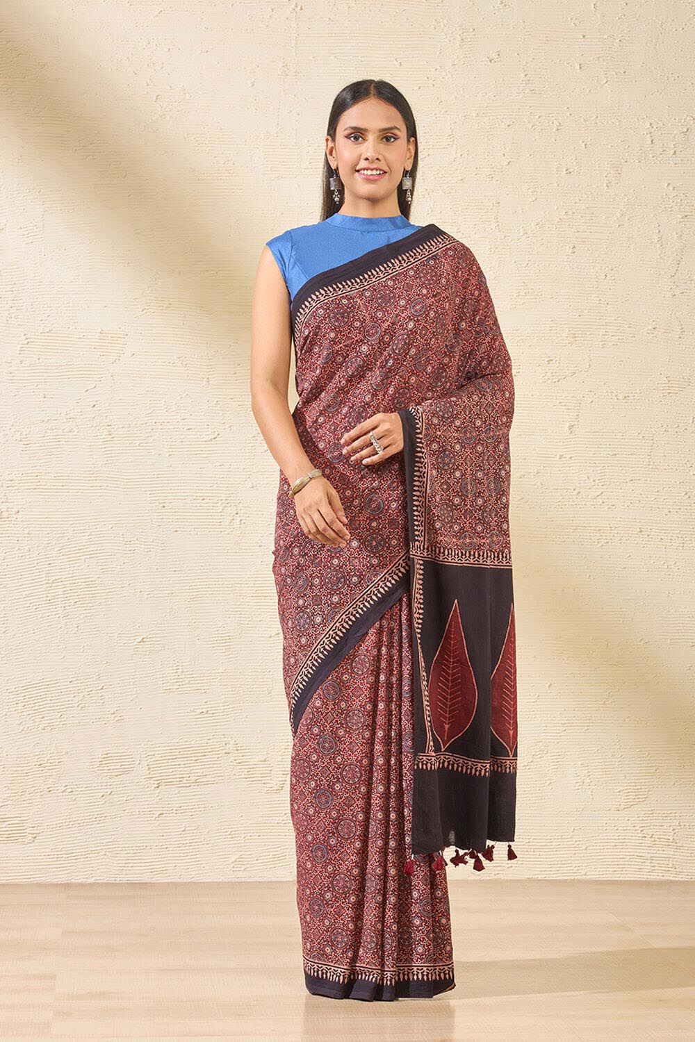 Dark Red Gujarat Pure Cotton Ajrakh Saree image number null