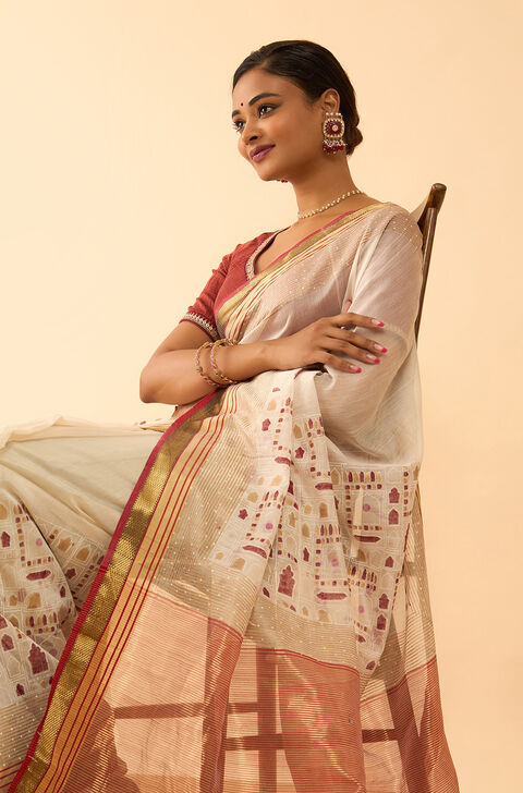 Off White Rajasthan Pure Silk Cotton Printed Sanganeri Saree