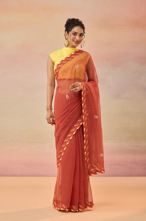 Dark Red Embroidered Pure Cotton Kota Saree