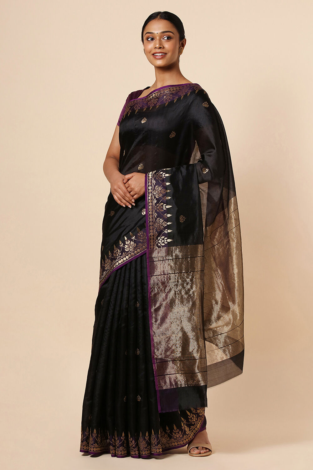 Black Pure Silk Chanderi Saree image number null