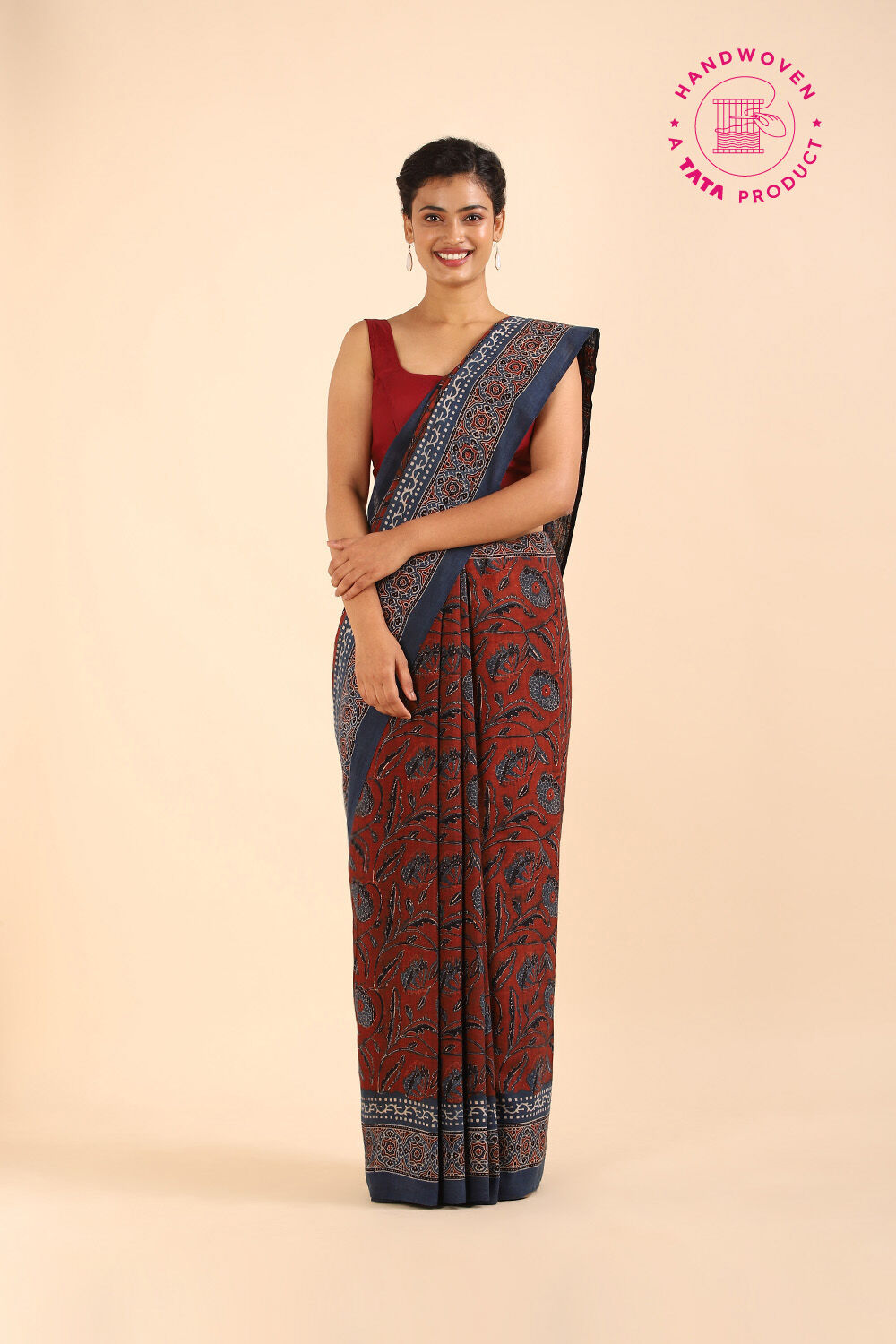 Red Pure Khadi Cotton Ajrakh Printed Saree image number null