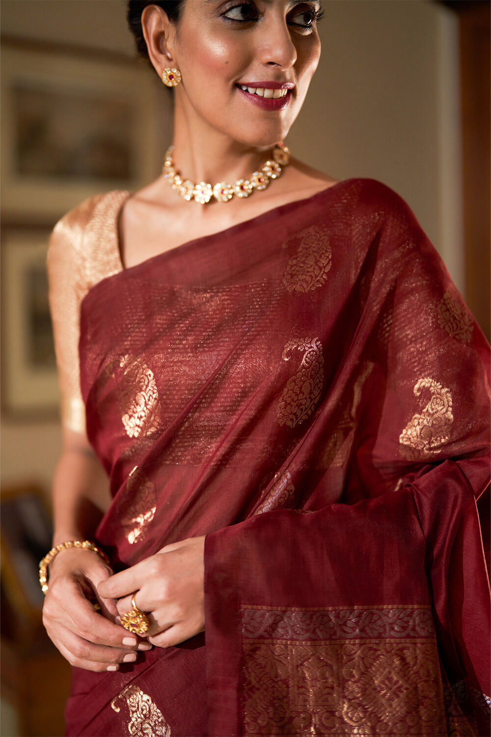 Brown Woven Pure Silk Cotton Saree image number null