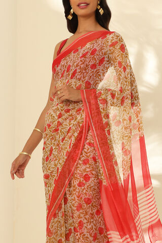 Off White Viscose Chiffon Printed Saree thumbnail image number null