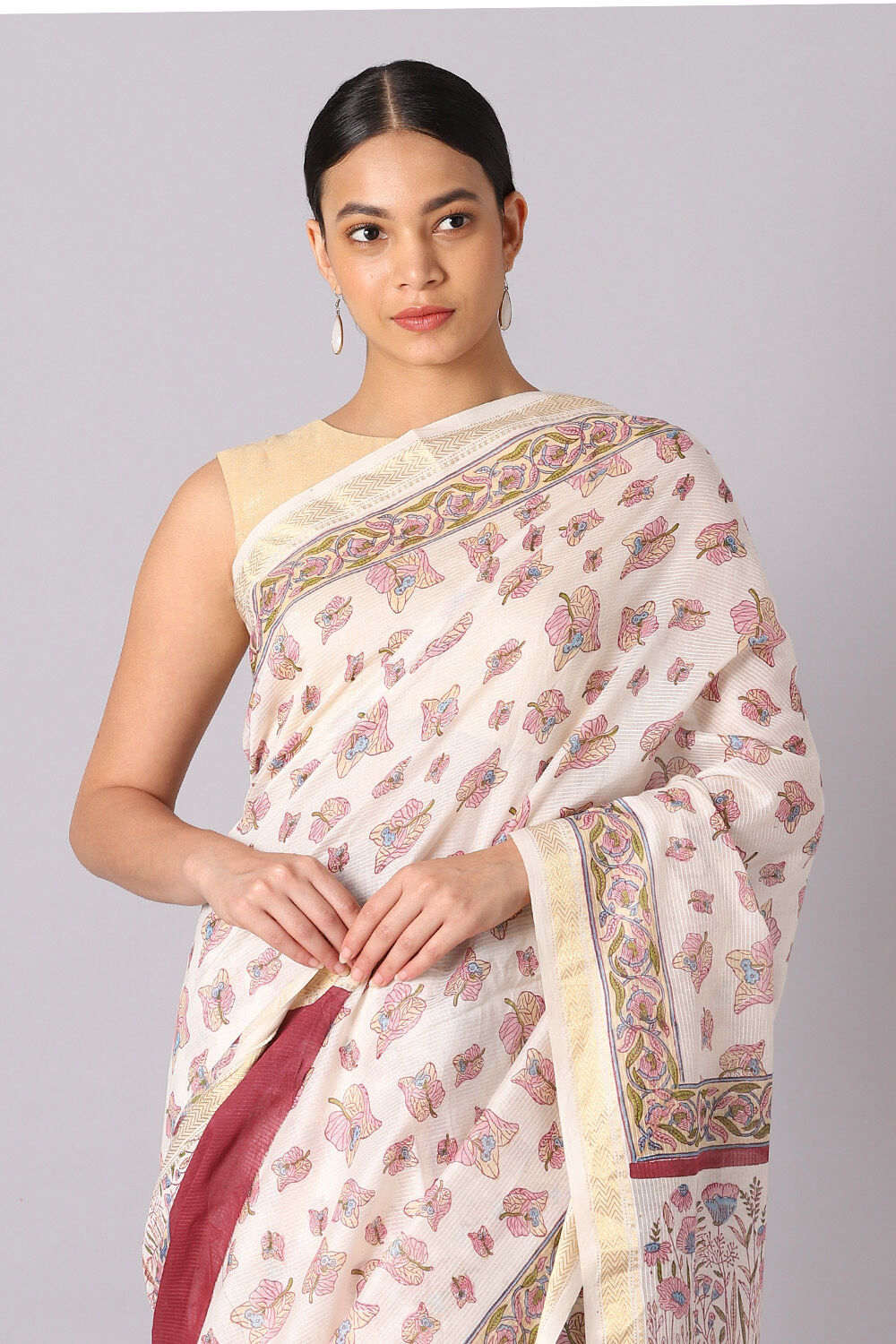 Off White Pure Silk Cotton Sanganeri Printed Saree image number null