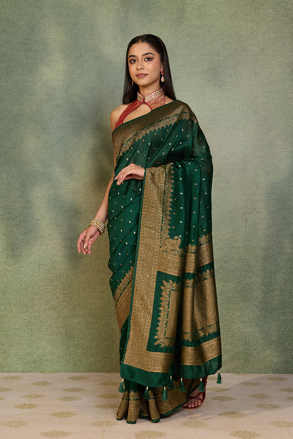 Dark Green Woven Design Pure Viscose Saree image number null