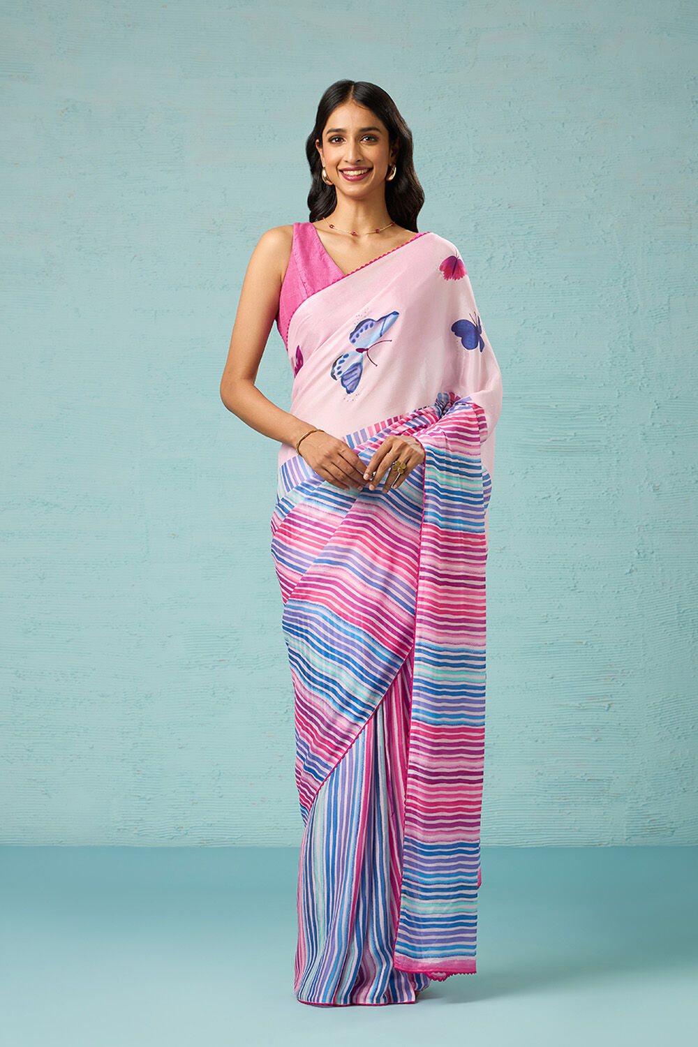 Pink Printed Viscose Crepe Saree image number null