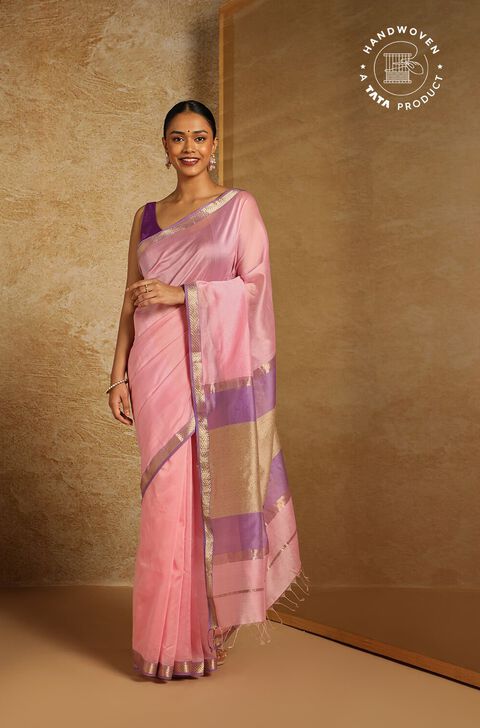 Pink Pure Silk Cotton Woven Maheswari Saree