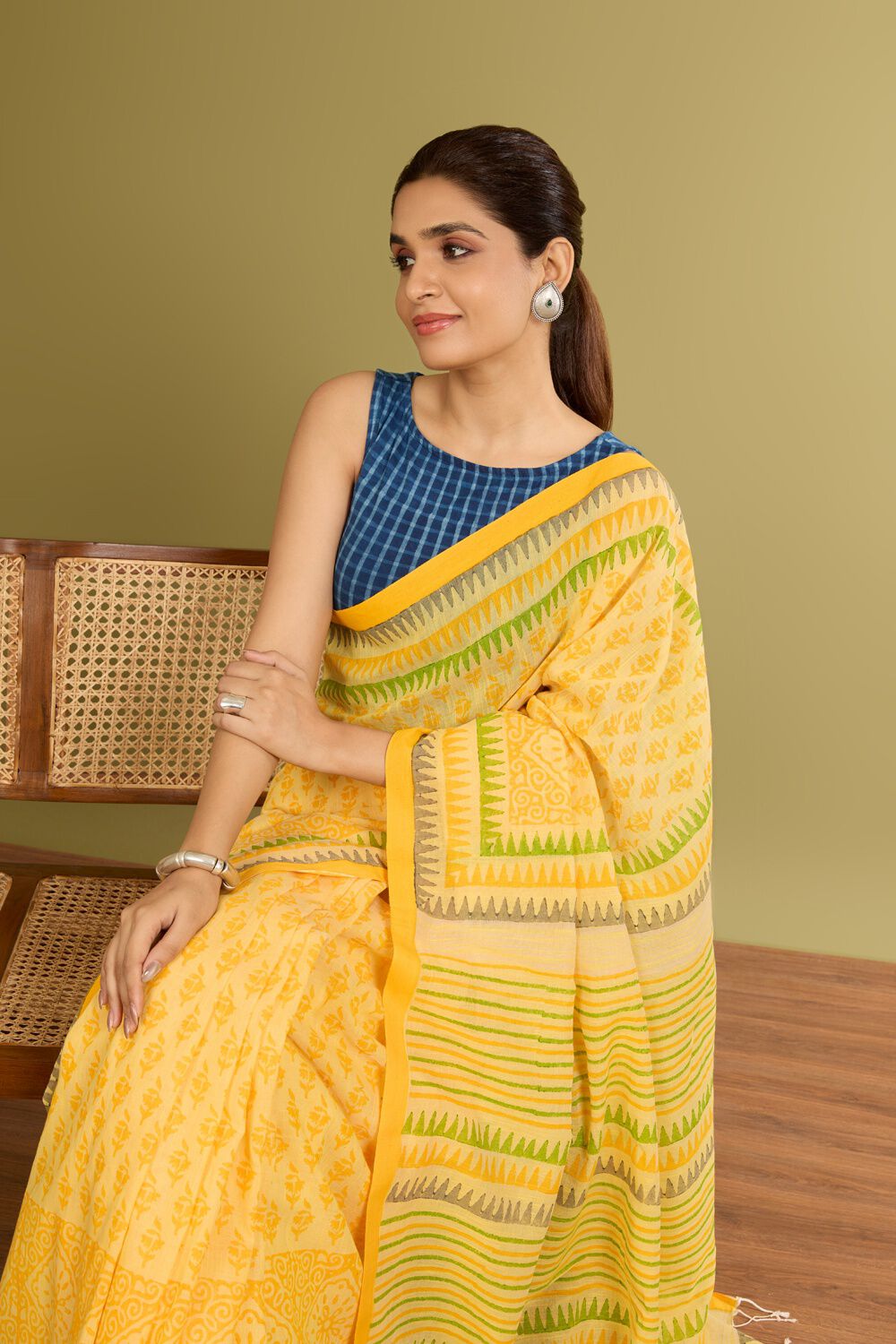 Yellow Printed Bengal Pure Cotton Saree image number null