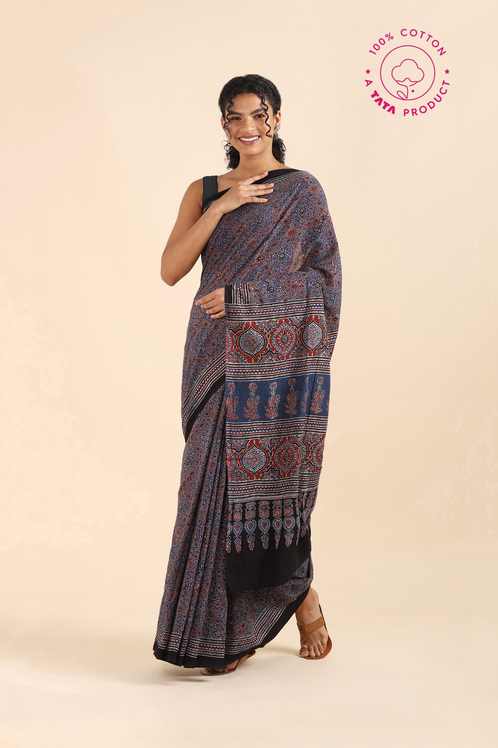 Blue Pure Cotton Ajrakh Printed Saree image number null