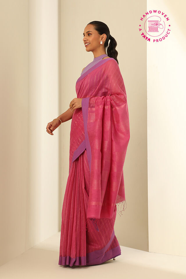 Pink Pure Silk Cotton Woven Bengali Saree