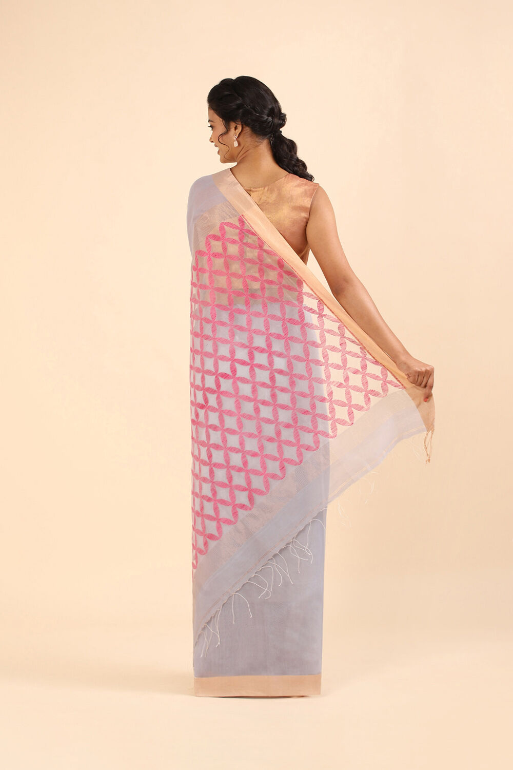 Grey Pure Silk Cotton Bengal Saree image number null