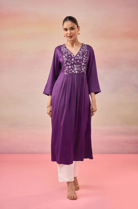 Purple Pure Viscose Embroidered Kurta