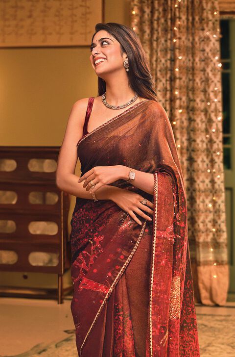 Brown Cotton Embroidered Saree