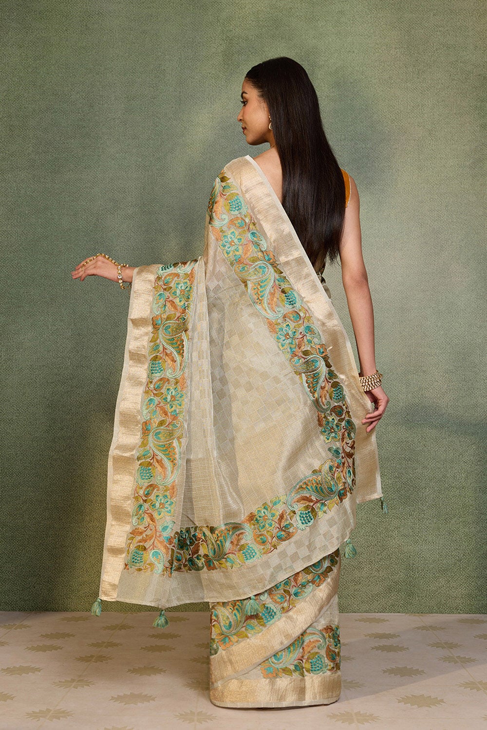 Grey Embroidered Viscose Tissue Saree image number null