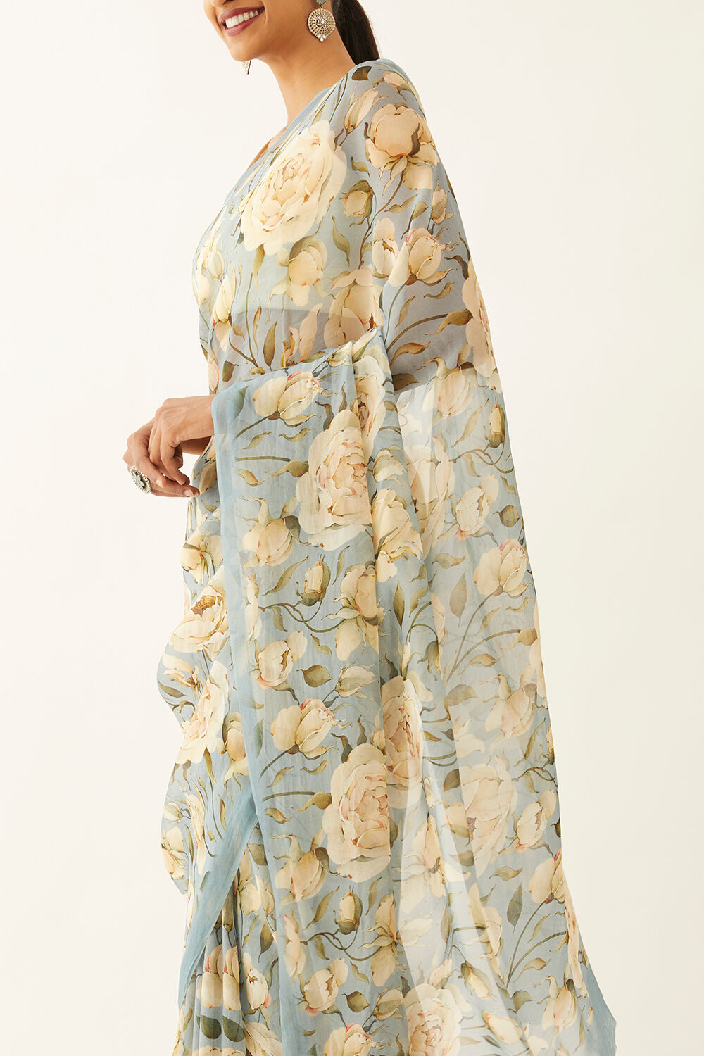 Blue Viscose Organza Digital Printed Saree image number null
