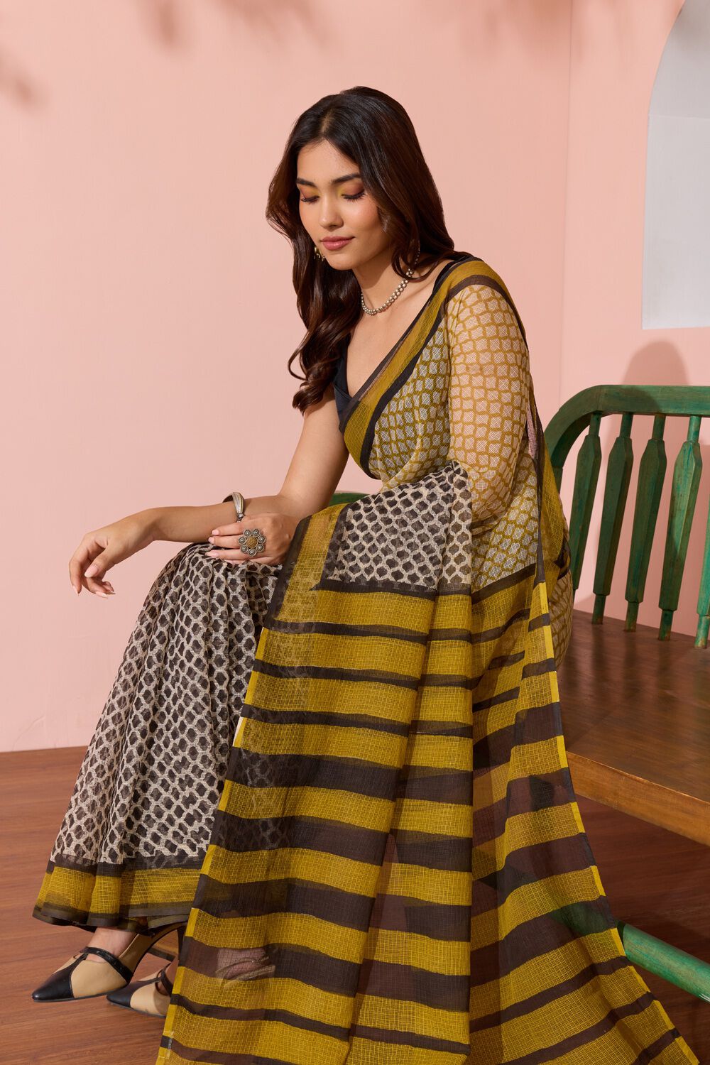 Yellow Bagru Block Printed Pure Cotton Kota Saree image number null