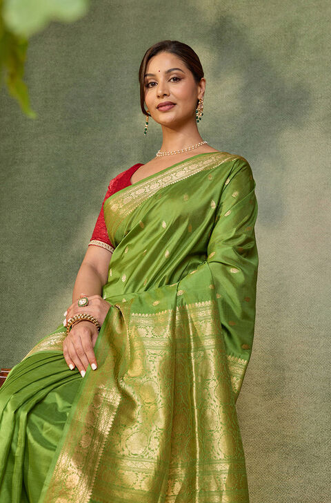 Light Green Silk Viscose Cutwork Banaras  Saree