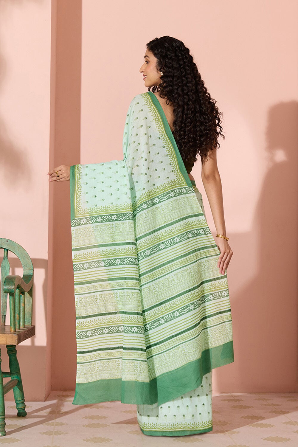 Light Green Block Printed Pure Cotton Bengal Saree image number null