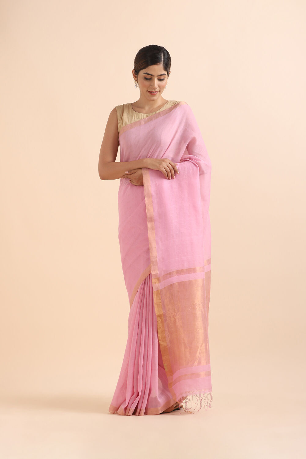 Light Pink Pure Silk Cotton Bengal Saree image number null