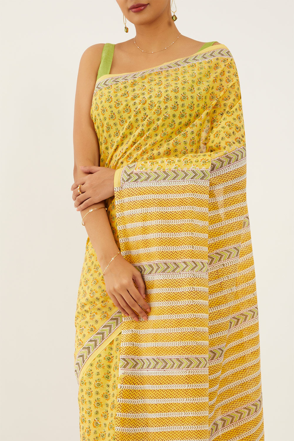 Yellow Pure Cotton Block Print Saree image number null