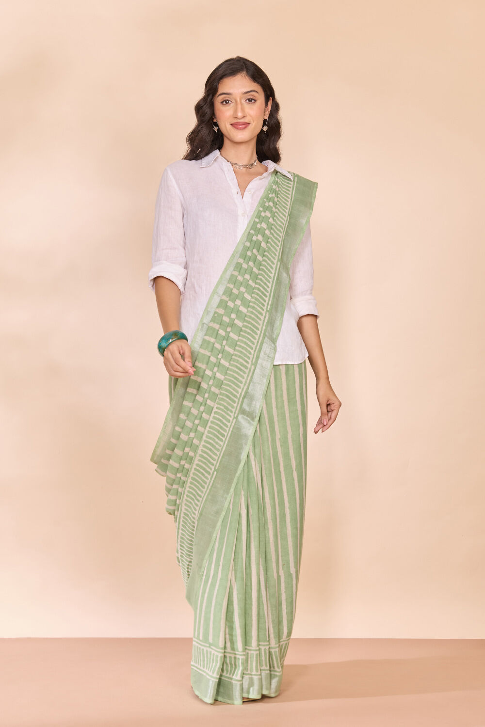 Green Bagru Viscose Cotton Dabu Block Printed Saree image number null